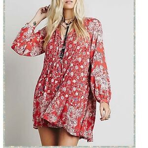 Free People Lucky Loosey Dress Red Peasant Boho Mini Women's Size S